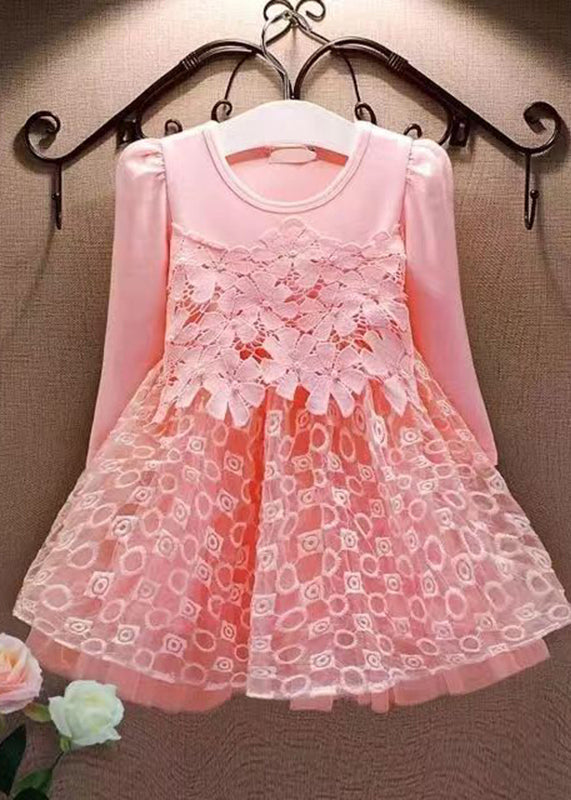 Pink Hollow Out Tulle Patchwork Mid Dress Fall