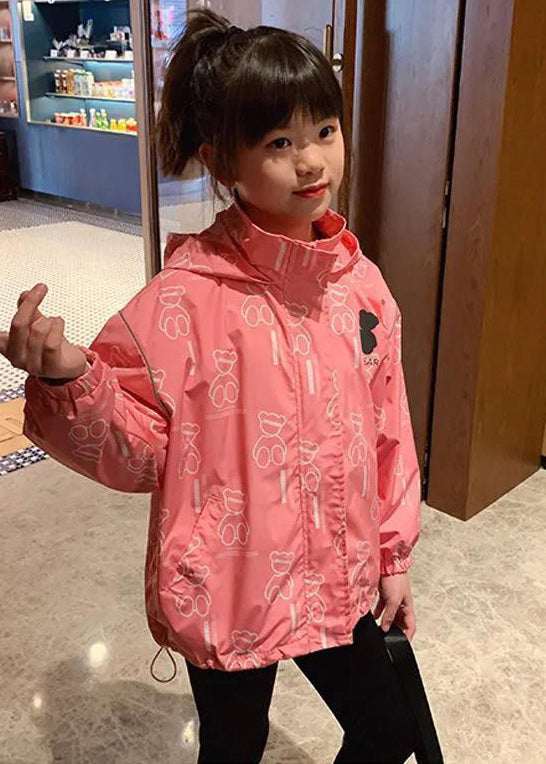 Pink Hooded Print Drawstring Cotton Coats Long Sleeve