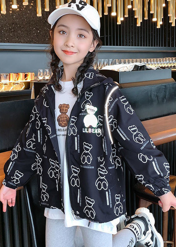 Pink Hooded Print Drawstring Cotton Coats Long Sleeve