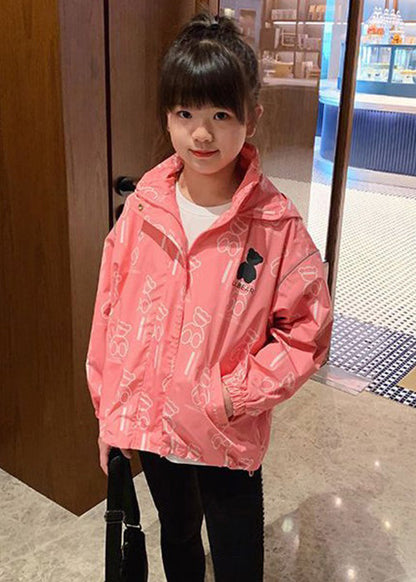 Pink Hooded Print Drawstring Cotton Coats Long Sleeve