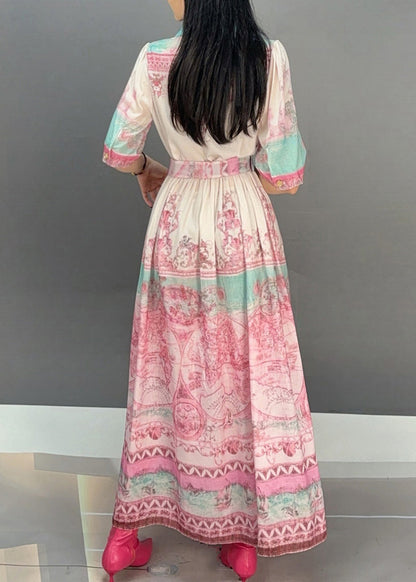 Pink Notched Print Tie Waist Long Dresses Short Sleeve