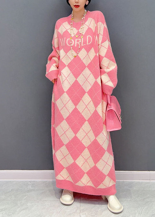 Pink O Neck Oversized Plaid Knit Long Dress Winter