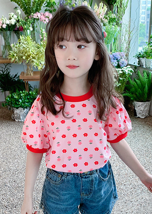 Pink O Neck Print Cotton Kids T Shirt Summer