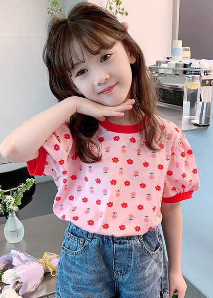 Pink O Neck Print Cotton Kids T Shirt Summer