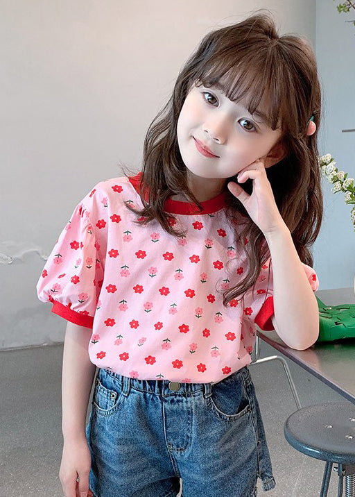 Pink O Neck Print Cotton Kids T Shirt Summer