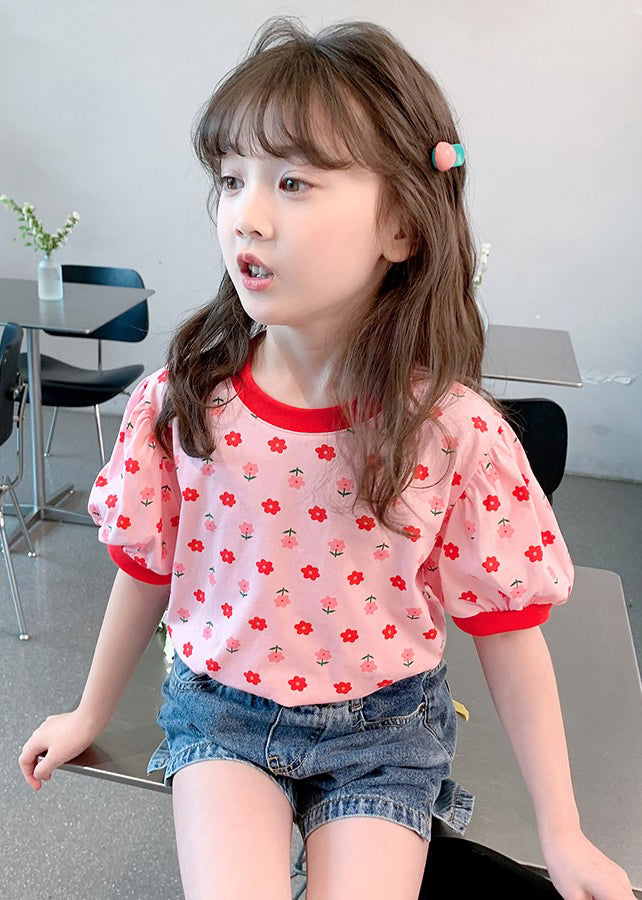 Pink O Neck Print Cotton Kids T Shirt Summer