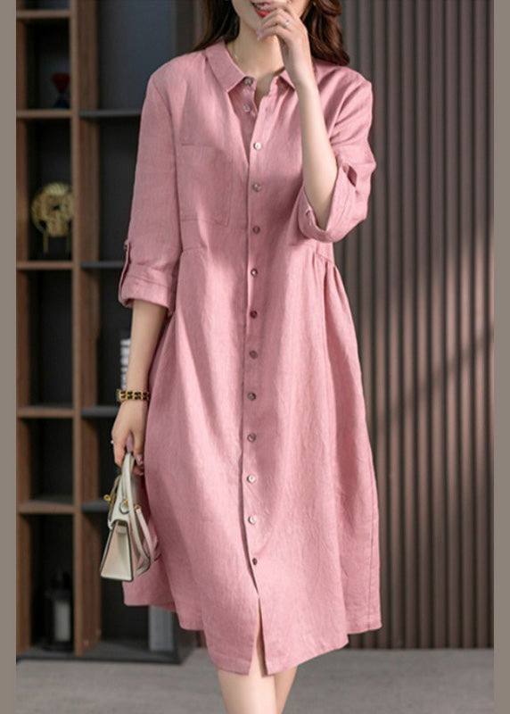 Pink Peter Pan Collar Button Wrinkled Maxi Dresses Long Sleeve