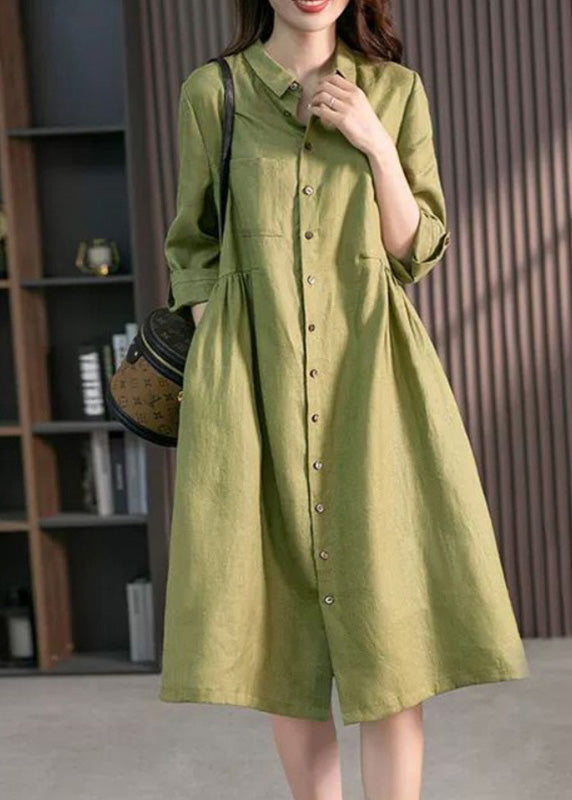 Pink Peter Pan Collar Button Wrinkled Maxi Dresses Long Sleeve
