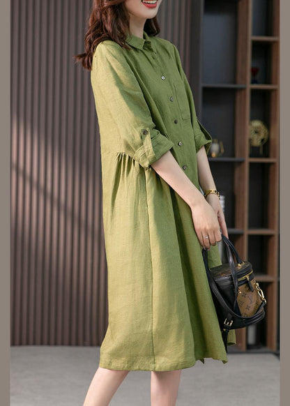 Pink Peter Pan Collar Button Wrinkled Maxi Dresses Long Sleeve