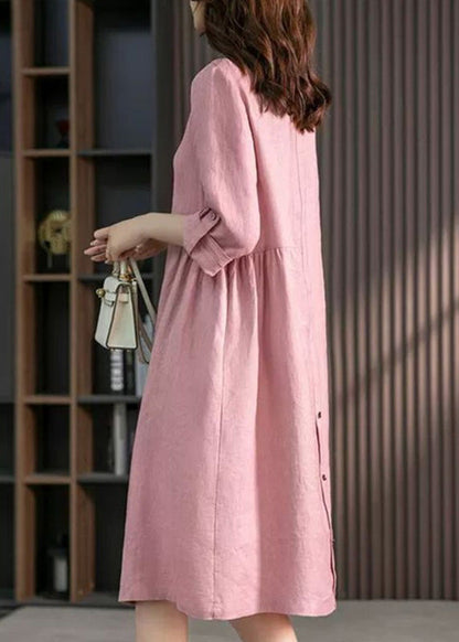 Pink Peter Pan Collar Button Wrinkled Maxi Dresses Long Sleeve