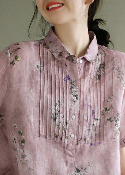 Pink Peter Pan Collar Print Button Linen Shirts Short Sleeve