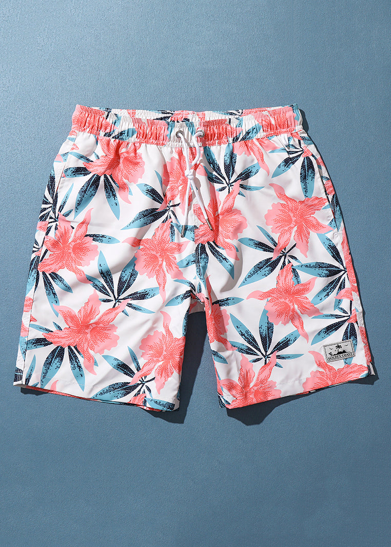 Pink Print Pockets Elastic Waist Cotton Shorts Summer