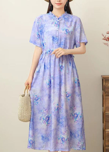 Pink Print Ruffled Patchwork Drawstring Silk Linen Long Dress Short Sleeve