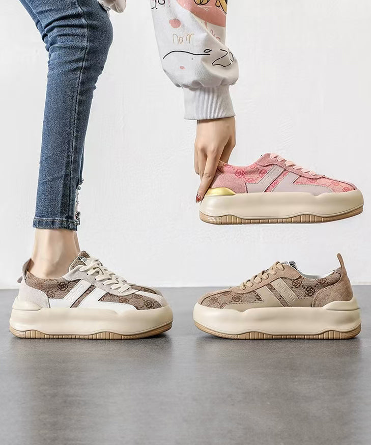 Pink Print Splicing Platform Flats Lace Up