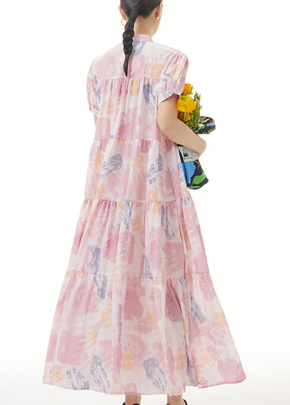 Pink Stand Collar Patchwork Maxi Dress Summer Short Sleeve