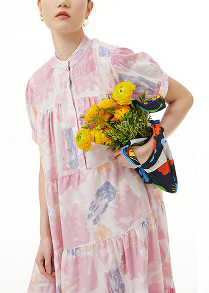 Pink Stand Collar Patchwork Maxi Dress Summer Short Sleeve