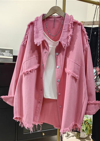 Pink Tasseled Oversized Denim Shirts Coat Spring