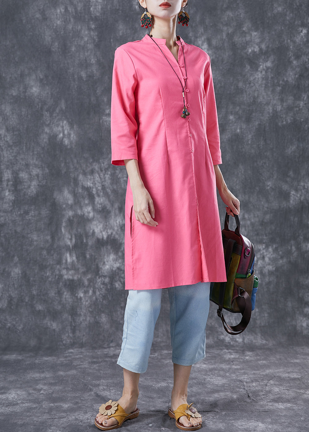 Pink V Neck Button Cotton Shirt Dresses Bracelet Sleeve