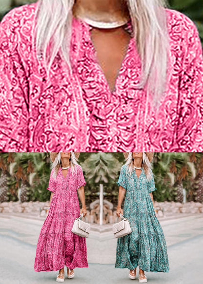 Pink V Neck Print Long Dresses Summer
