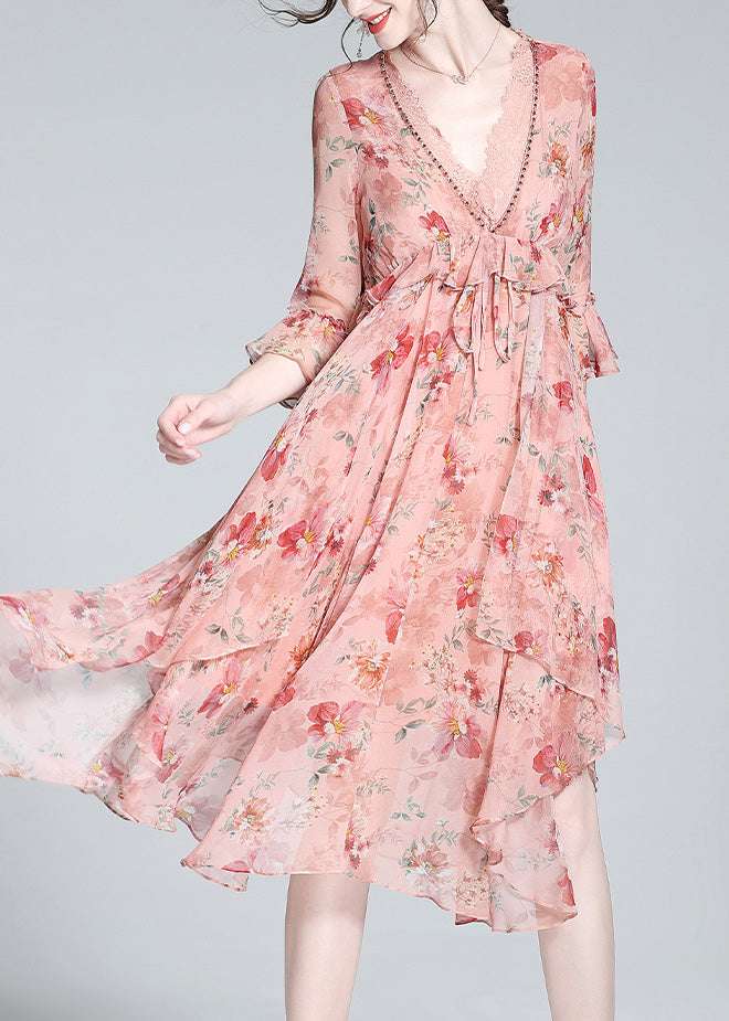 Pink V Neck Print Tie Waist Silk Long Dresses Spring