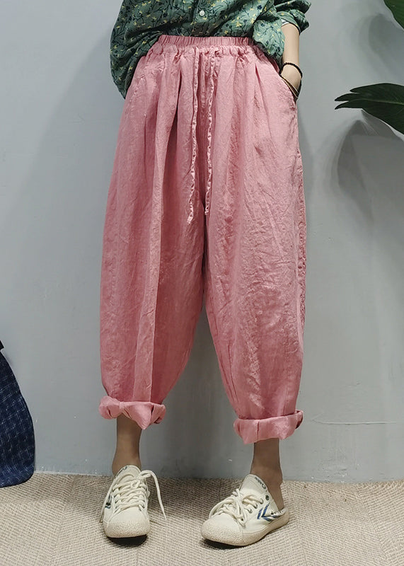 Pink Elastic Waist Drawstring Pockets Linen Harem Pants Spring