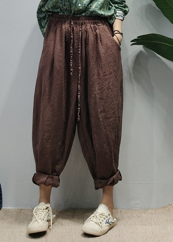 Pink Elastic Waist Drawstring Pockets Linen Harem Pants Spring