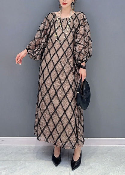 Plaid O Neck Patchwork Tulle Long Dress Fall