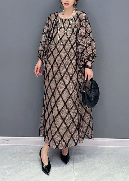 Plaid O Neck Patchwork Tulle Long Dress Fall