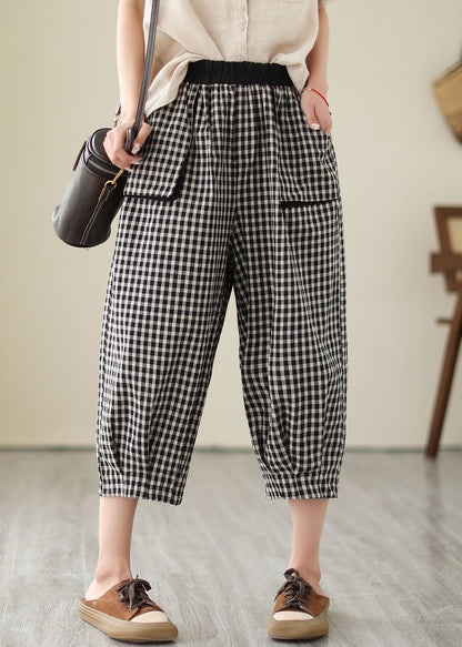 Plaid Pockets Elastic Waist Patchwork Cotton Crop Pants Summer