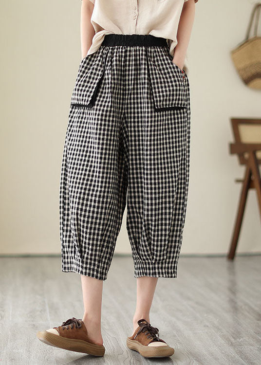Plaid Pockets Elastic Waist Patchwork Cotton Crop Pants Summer