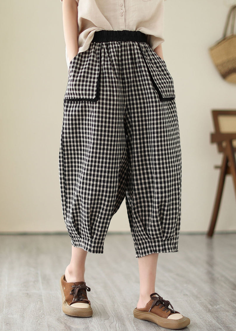 Plaid Pockets Elastic Waist Patchwork Cotton Crop Pants Summer