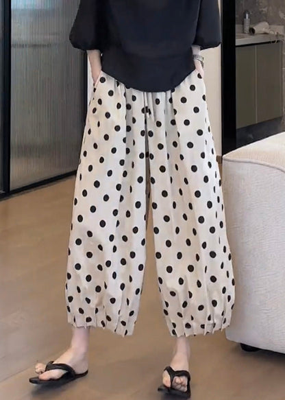Pockets Dot Print Elastic Waist Cotton Lantern Pants Summer