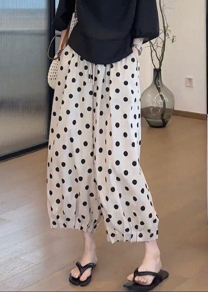 Pockets Dot Print Elastic Waist Cotton Lantern Pants Summer