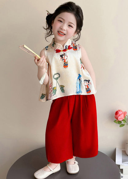Print Button Vest and Crop Pants Two Piece Set Summer