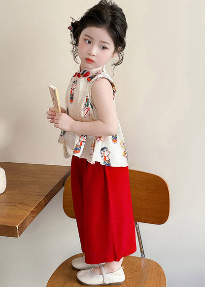 Print Button Vest and Crop Pants Two Piece Set Summer