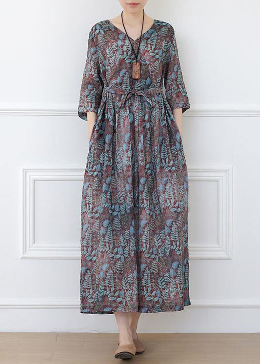 Print Linen Dress V Neck Half Sleeve Spring Dress