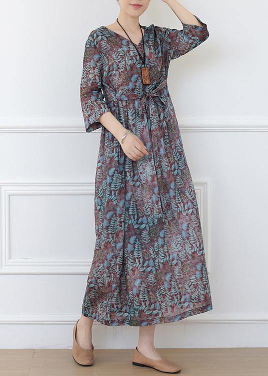 Print Linen Dress V Neck Half Sleeve Spring Dress