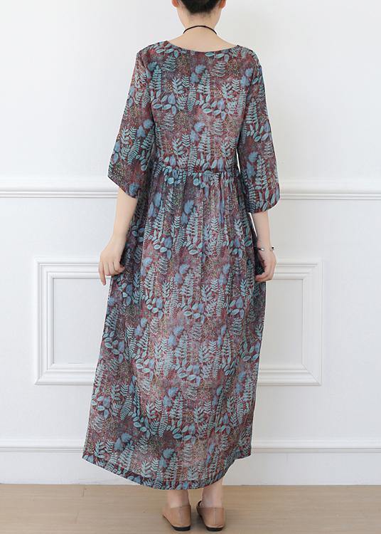 Print Linen Dress V Neck Half Sleeve Spring Dress