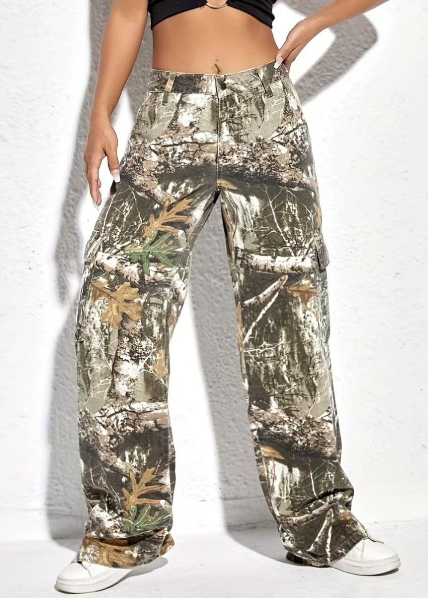 Print Pockets High Waist Cotton Pants Spring
