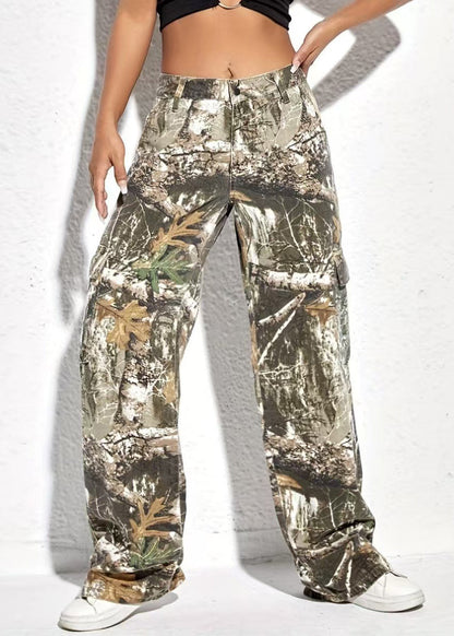 Print Pockets High Waist Cotton Pants Spring