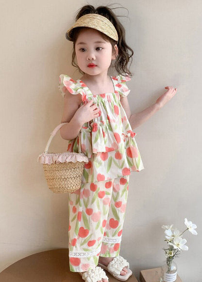 Print Ruffled Vest and Straight Pants Two Pieces Set Sleeveless