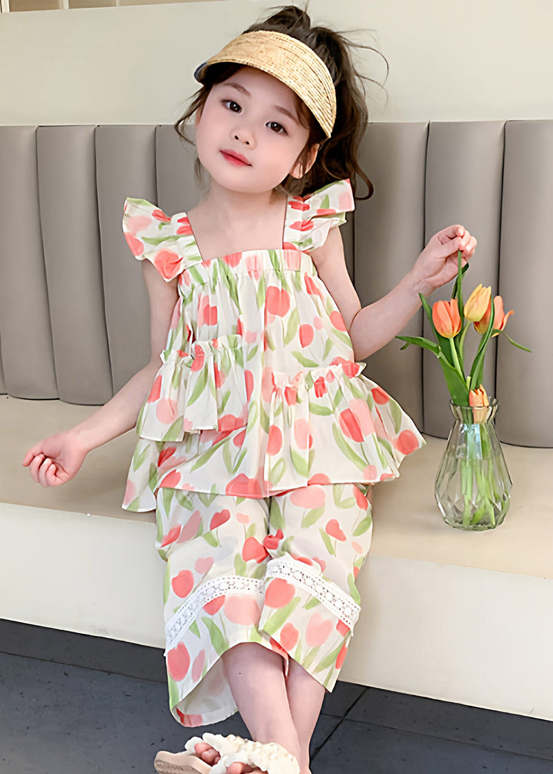 Print Ruffled Vest and Straight Pants Two Pieces Set Sleeveless