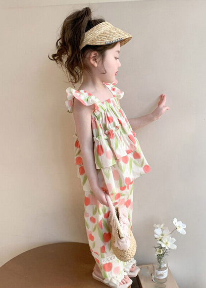 Print Ruffled Vest and Straight Pants Two Pieces Set Sleeveless