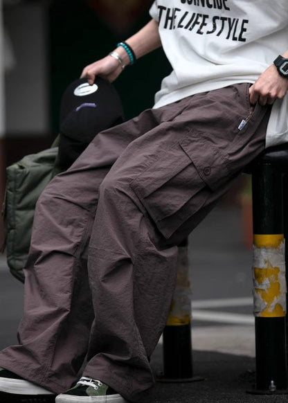 Purple Button Pockets Cotton Pants Elastic Waist Spring