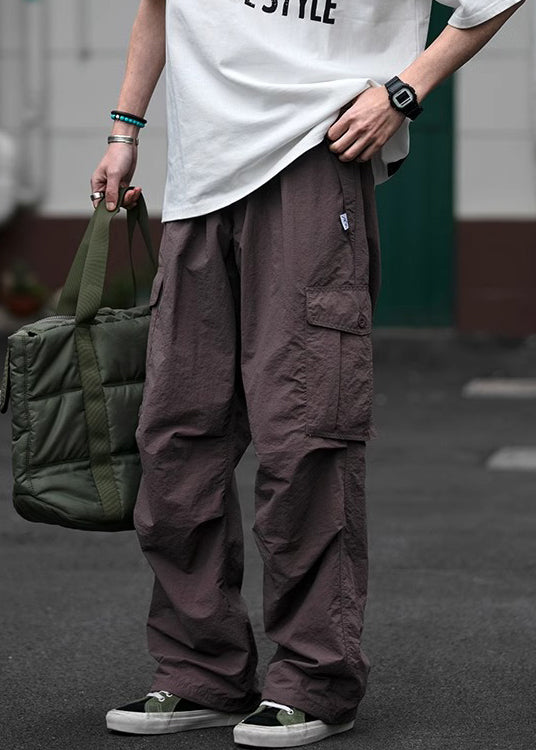 Purple Button Pockets Cotton Pants Elastic Waist Spring