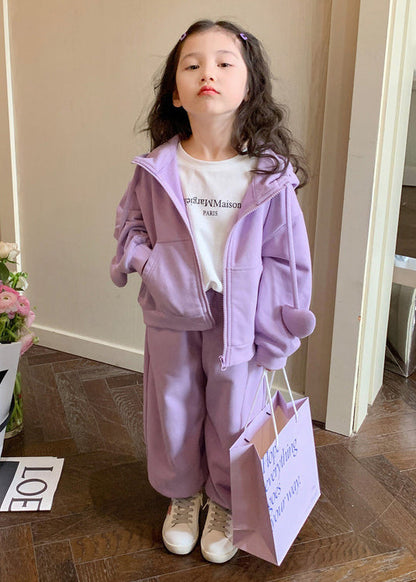 Purple Hooded Top and Pants Cotton Baby Two Pieces Set Fall