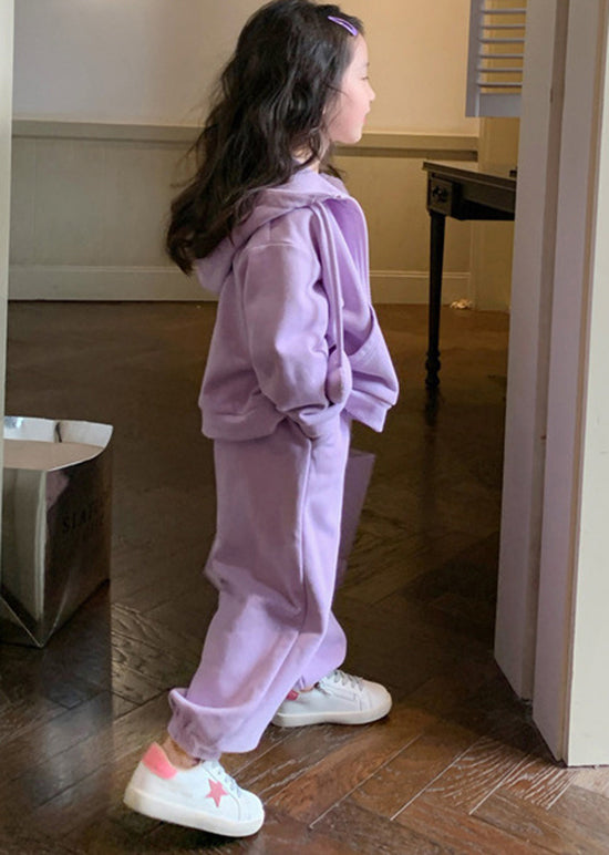 Purple Hooded Top and Pants Cotton Baby Two Pieces Set Fall