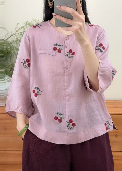 Purple O Neck Embroidered Linen Shirts Summer