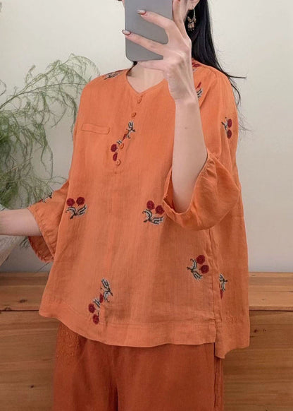 Purple O Neck Embroidered Linen Shirts Summer