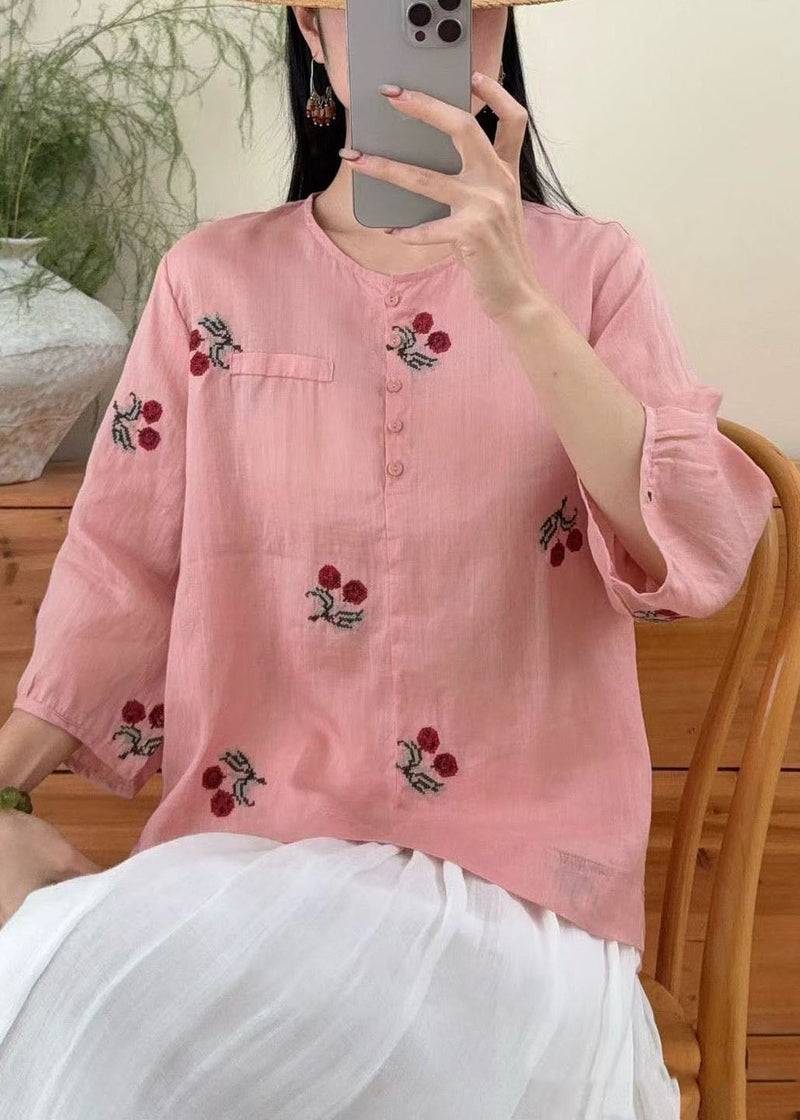 Purple O Neck Embroidered Linen Shirts Summer